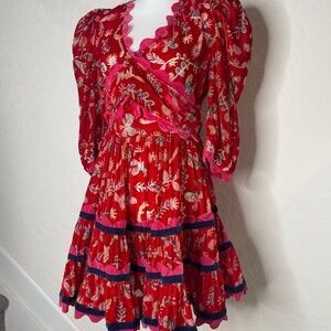 Celia B 3/4 Sleeve Gladys Dress Floral Trim Details Size S Red Ruffled Velvet